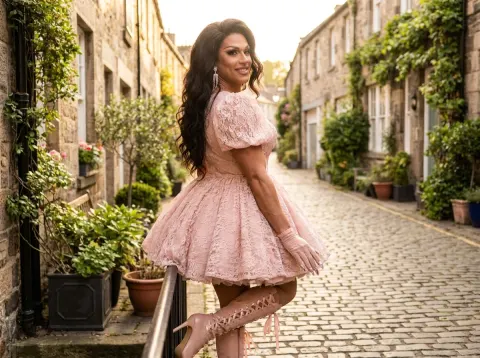 Drag Queen In Blush Puff Sleeves