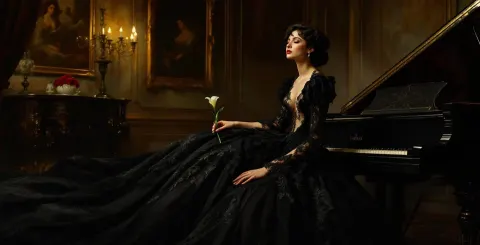 Woman In Black Gown At Piano