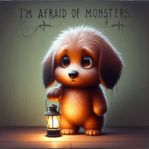 Melancholic Dog Holding Lantern in Darkness