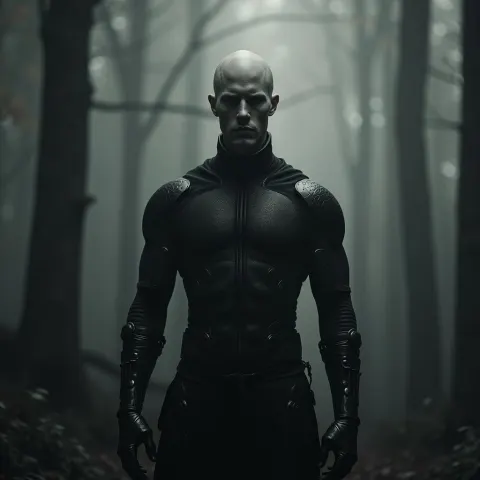Bald Sentinel in Black Armour Amid Fog