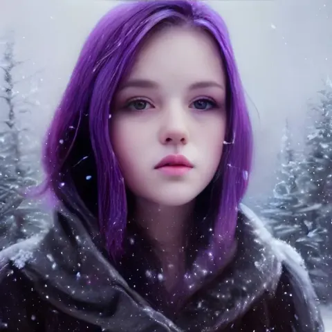 Purple Haired Girl Snowy Portrait