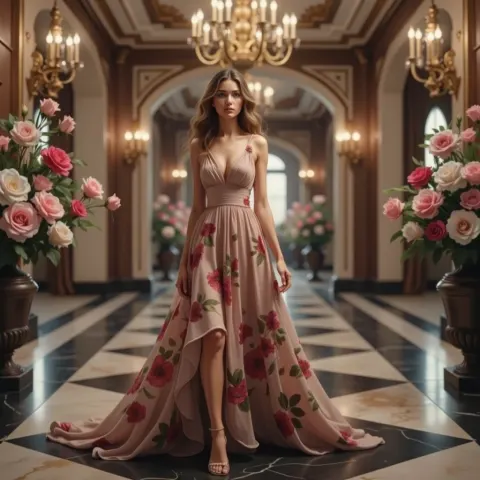 Woman In Floral Gown Hallway