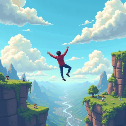 Figures Falling From Pixel Clouds to Earth