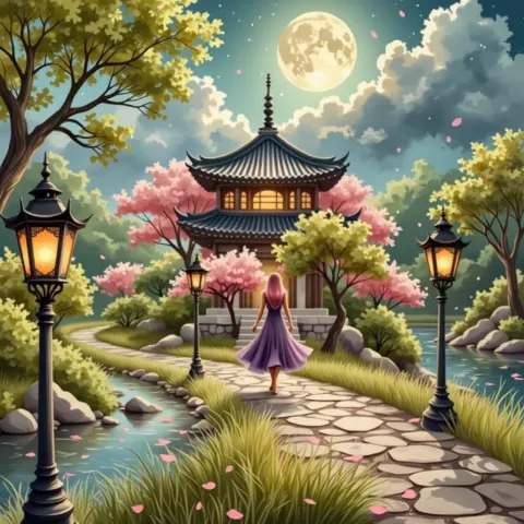 Woman Walking Toward A Pagoda