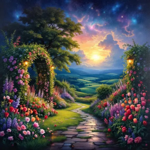 Rainy Garden Under A Nebula Sky