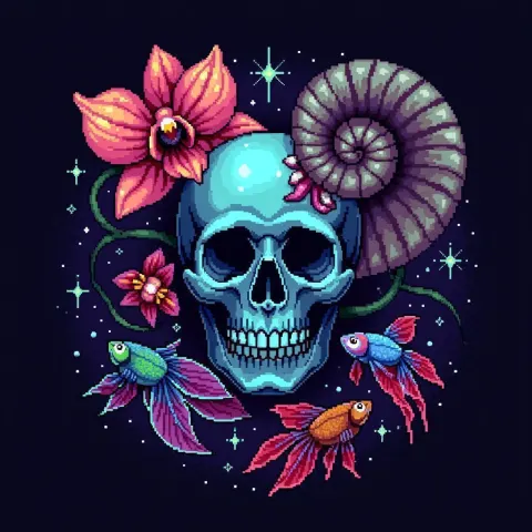 Nautilus Skull and Betta in Pixel Dreamscape