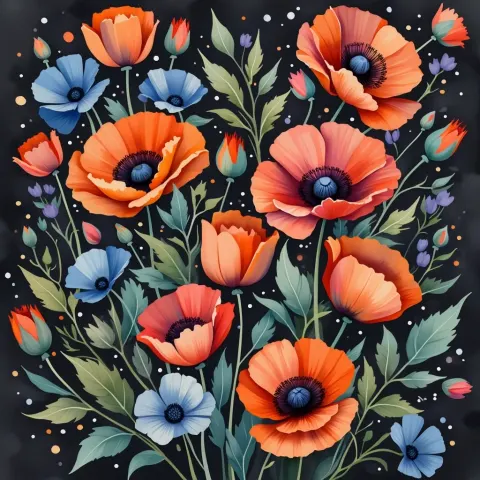Orange And Blue Poppies On Black