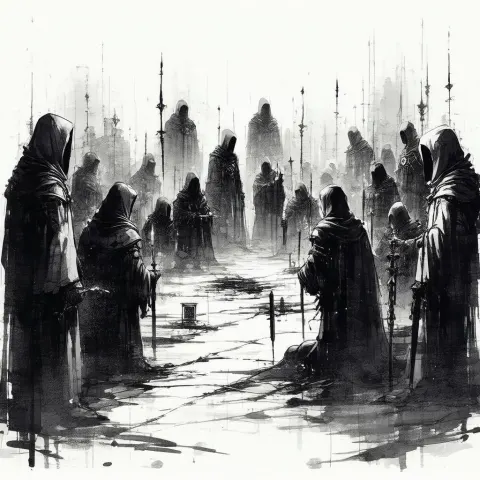 Secret Cult Gathering in Minimal Whiteboard Lines