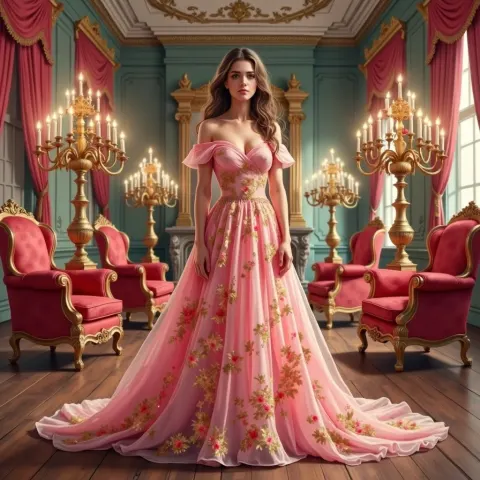 Regal Woman In Full Skirted Gown