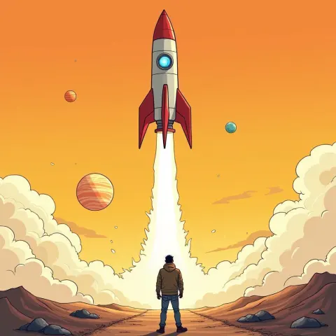 Manga Rocket Poised Beneath Twin Planets