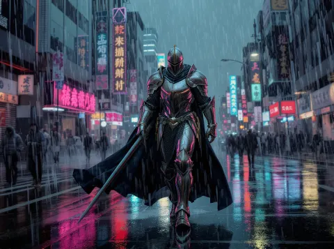 Knight In Rainy Cyberpunk City