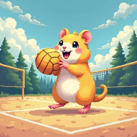 Yellow Pixel Hamster Spikes the Volleyball