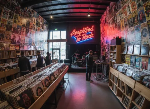 Record Store With Neon Sign