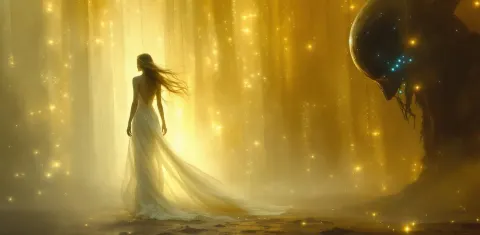 Woman Walking Through Golden Mist