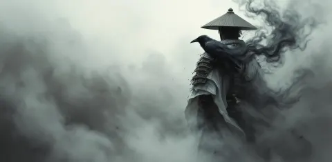 Samurai With A Raven In Mist