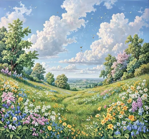 Springtime Meadow Under Fluffy Clouds