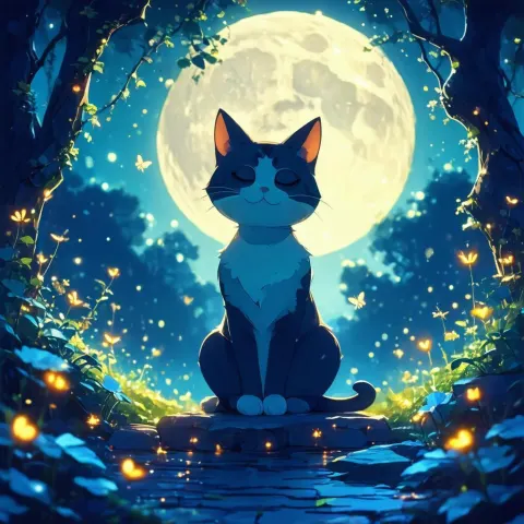 Cutout Cat Meditates Among Midnight Fireflies