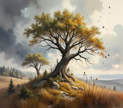 Ancient Tree On A Windswept Hill