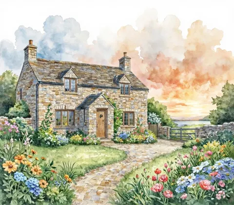 Watercolor Stone Cottage Garden