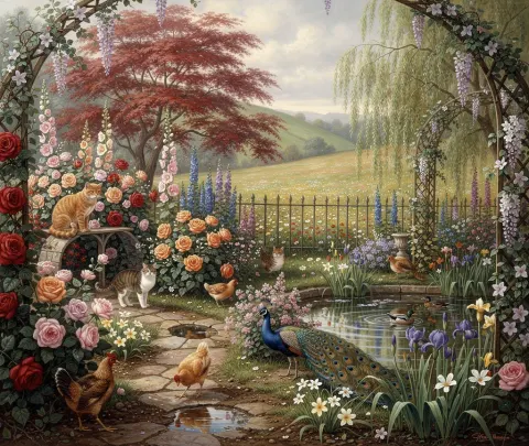 Cats In A Country Rose Garden