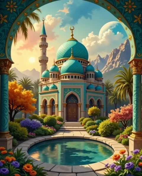 Turquoise Mosque With Golden Domes