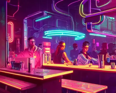 Cyberpunk Coffee Shop With Robots