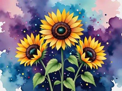 Three Sunflowers On Abstract Background