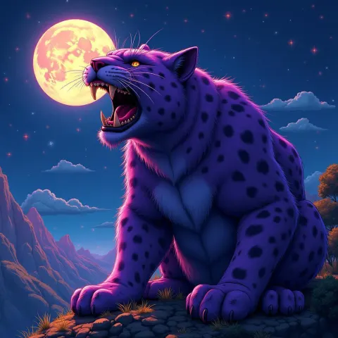 Purple Panther Roars at the Starry Moon