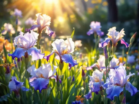 Bearded Irises In A Pond Garden