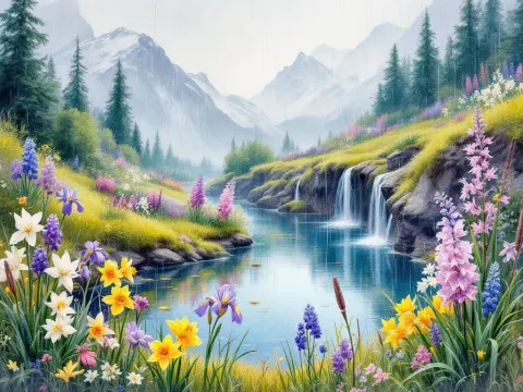 Watercolor Rainy Pond Garden