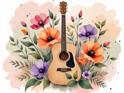 Acoustic Guitar Among Flowers