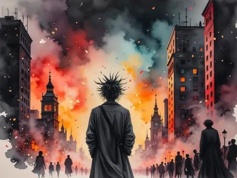 Burning Cityscape In Grayscale