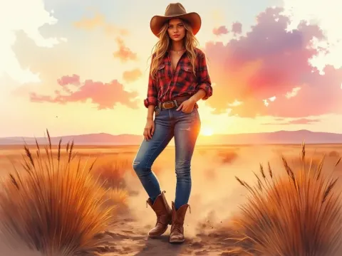 Woman On The Prairie At Golden Hour