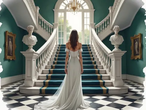 Woman In White Satin On A Staircase