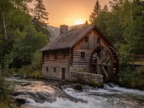 Log Cabin With A Water Wheel