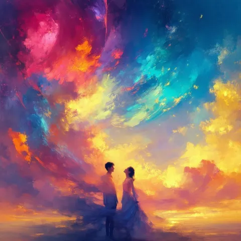 Serene Manga Figures Beneath a Swirling Sky
