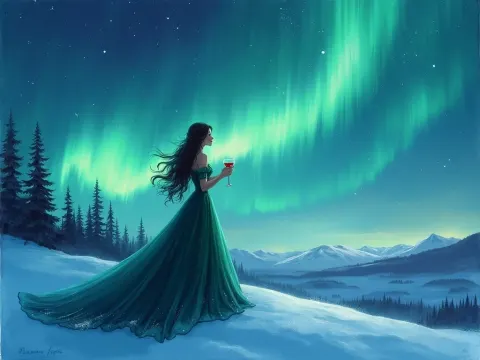 Woman In Emerald Gown Under Aurora