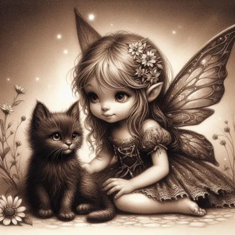 Cute Fairy With Adorable Black Kitten