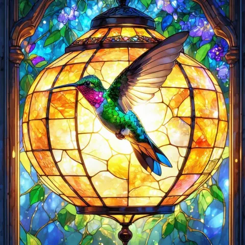 Stained Glass Lamp and Hovering Hummingbird