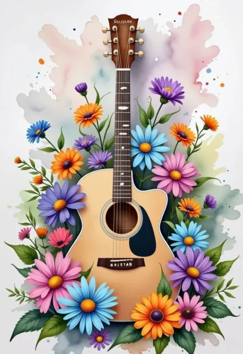Guitar Surrounded By Flowers