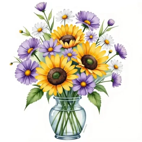 Sunflowers And Zinnias In A Vase