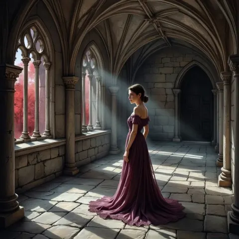 Woman In Burgundy Gown Cathedral