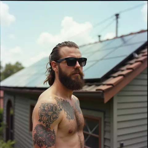 Bearded Hipster Below a Solar Panel Roof