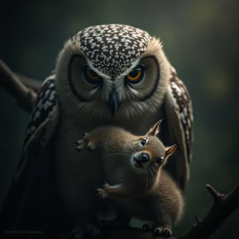 Owl Clutches a Squirrel in Misty Light