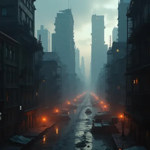 Dystopian 3D Cityscape in Cinematic Shadow