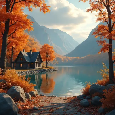 Autumn Cottage by a Dramatic 3D Lake