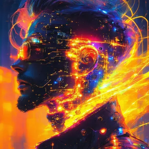 Machine Faced Man in the Neon Metaverse