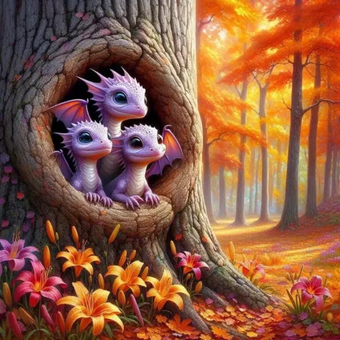 Three Cute Wolf Cubs In Oak Tree