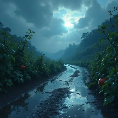 Rain Slicked Anime Road Through Tomato Fields