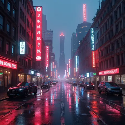 Neon Birmingham Skyline on Rain Slicked Streets